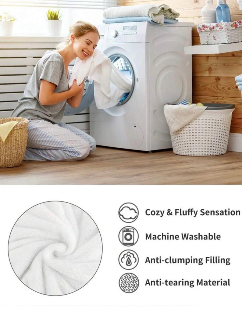 May include: A woman in a gray t-shirt and striped pants is near a white washing machine, holding a white towel. A close-up shows a white, fluffy towel with the text "Cozy & Fluffy Sensation", "Machine Washable", "Anti-clumping Filling", and "Anti-tearing Material".