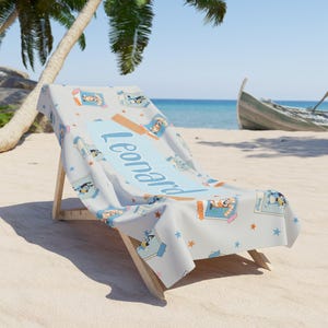 Personalized Bluey Beach Towel With Name, Birthday Pool Towel Gift, Towel for Kids Toddlers, Bluey Cartoon Towel Gift For Kids, Bluey Party