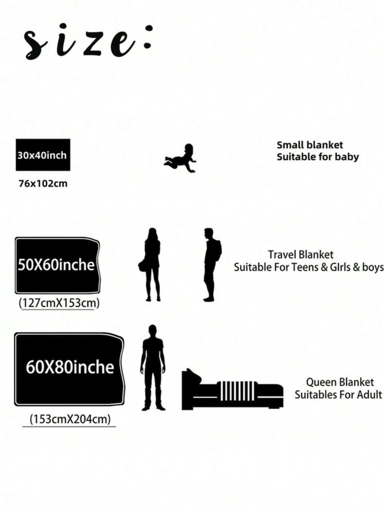May include: Image showing blanket sizes. Includes a small blanket (30x40 inches, 76x102cm) suitable for babies, a travel blanket (50x60 inches, 127x153cm) for teens, and a queen blanket (60x80 inches, 153x204cm) for adults. Text reads "size:"