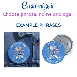 May include: Blue button with a cartoon character and the text "Thank you for coming" and "To celebrate my birthday". The button is shown on a denim jacket and separately.