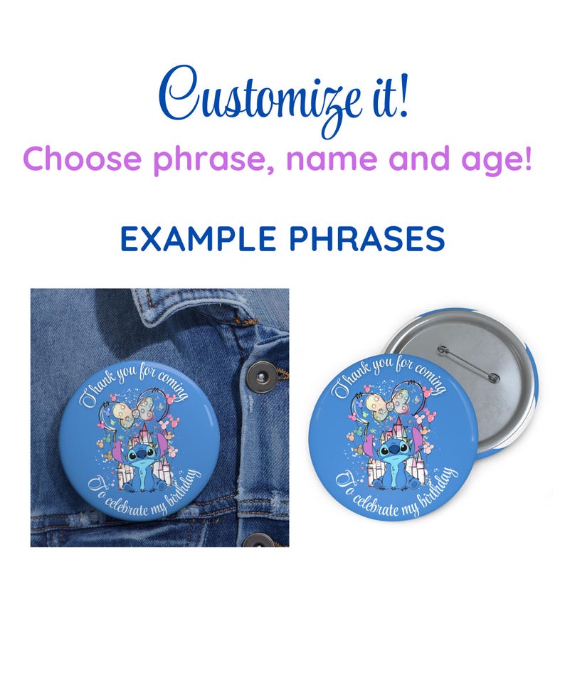 May include: Blue button with a cartoon character and the text "Thank you for coming" and "To celebrate my birthday". The button is shown on a denim jacket and separately.