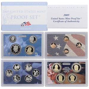 May include: A 2009 United States Mint Proof Set, featuring multiple coin sets in clear plastic cases. The packaging includes a box and a certificate of authenticity. The sets contain various coins, including presidential $1 coins.