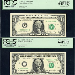 May include: Two 2006 Series United States one-dollar Federal Reserve Notes, each encapsulated in a PCGS Currency holder graded 64PPQ. The notes feature George Washington, serial numbers F00011198I and F00011199I, and the text Boca Raton Run.