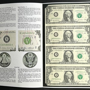 May include: Close-up of a page from a book about US currency. The page shows the different features of a US dollar bill, including the serial number, plate position letters and numbers, treasury seal, and the great seal. The page also shows four different US dollar bills with the serial numbers J99751244A, J99764244A, J99777244A, and J99790244A.