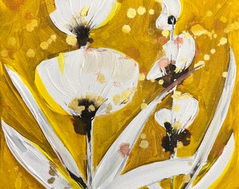 Original Art -Gold and White Abstract Floral- Botanical Painting
