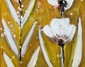 Original Painting  - Gold and White Botanical Art- Abstract Floral