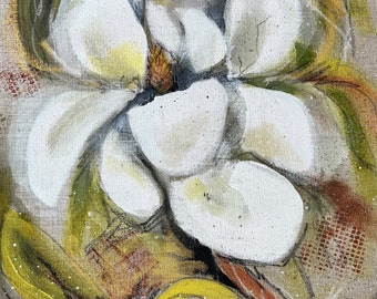 Original Painting of a Single Magnolia Bloom - acrylic paint on raw linen - Botanical Floral