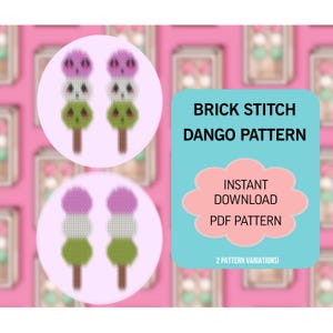 Może przedstawiać: Dwie wersje wzoru dango w ściegu ceglanym do haftu krzyżykowego. Dango są różowe, białe i zielone. Wzór jest dostępny do natychmiastowego pobrania w formacie PDF.