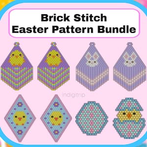 May include: Brick stitch beading patterns for Easter earrings. The patterns include a chick in an egg, a bunny, and a chick in a cracked egg. The patterns are in a purple, pink, yellow, and blue colour scheme.
