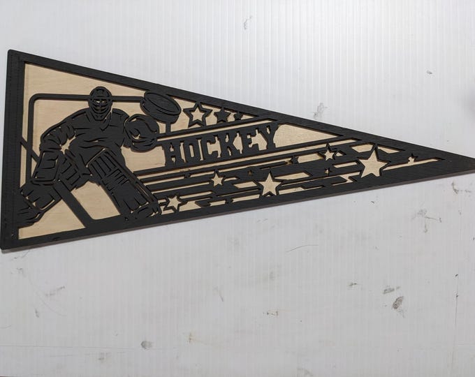 Wooden laser cut hockey pennant! Add a name or number. Male & female players  and goalies available. Makes a great gift!
