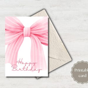 Coquette pink bow birthday card, Instant download coquette bow card, Birthday card for her, Printable birthday card