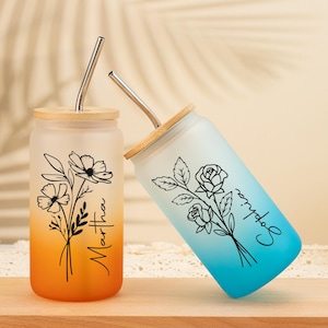Personalisierte Geburtsblumenglasbecher, Milchglasbecher mit Deckel und Strohhalm, Brautjungfer Geschenk, Junggesellinnenabschiedsgeschenk, Weihnachtsgeschenke