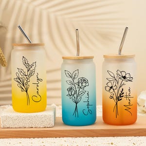 Birth Flower Glass Tumbler, Colored Frosted Glass Tumbler with Bamboo Lid and Straw, Iced Coffee Cup, Beer Can Glass,Bachelorette Party Gift
