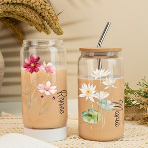 Custom Tumbler Glass with Straw and Lid, Personalised Wood Birth Flower Cup, Floral Iced Coffee Cup, Bridesmaid Proposal Gifts, Wedding Gift