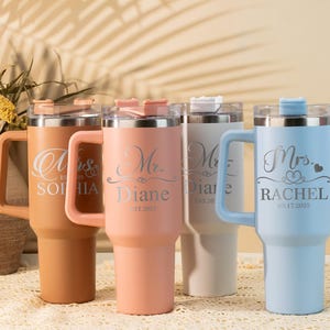 Custom Mr and Mrs Travel Mug Cup with Handle & Straw,Personalised 40oz Metal Cup,Bride or Groom Travel Mugs,Honeymoon Presents,Wedding Party