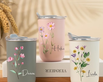 Custom Stainless Coffee Cup, Floral Wine Tumbler with Lid, Custom Name Tumbler, Bridesmaid Gifts for Her, Travel Coffee Mugs, Birthday Gifts