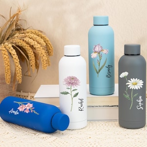 Custom Birth Flower Name Water Bottle, Floral Name Water Cup, Stainless Steel Tumbler, Bridesmaid Gift, Wedding Gift,Insulated Travel Bottle