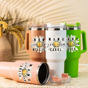 Taza de viaje con aislamiento floral personalizado, vaso de acero inoxidable floral de 40 oz con asa, taza portátil para coche, taza para bebidas frías y calientes, regalo para el Día de la Madre.