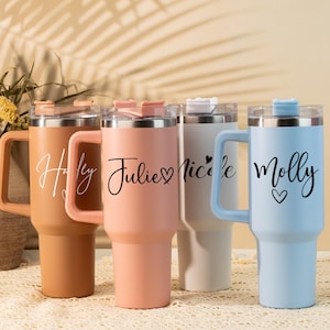 Taza de coche personalizada de 113 ml con nombre, vaso de acero inoxidable con asa, vaso de viaje, taza para bebidas frías y calientes con pajita, vaso de uso diario, regalo de Navidad