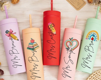 Bicchiere termico personalizzato con nome e cannuccia, bicchiere sottile da 473 ml, regalo per insegnanti, regalo di ringraziamento, regali per il ritorno a scuola, tazza per la fine della scuola.