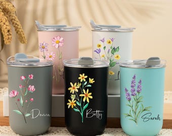 Personalisierte Edelstahl Kaffeetasse, Floral Weinbecher mit Deckel, Brautjungfer Vorschlag Geschenk, Thermobecher, Hochzeitsgeschenk, Party Favors