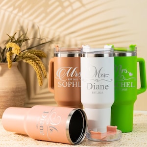 Personalised 40oz Tumbler with Handle & Straw,Custom Mr and Mrs Tumbler Gift,Bride and Groom Travel Mug,Honeymoon Present,Wedding Party Gift