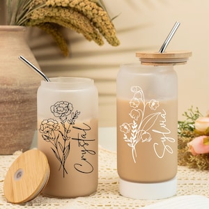 Personalised Frosted Glass Tumbler,Custom Birth Flower Iced Coffee Cup,Custom Name Gift,Party Favors, Bridal Shower Tumbler,Christmas Gifts