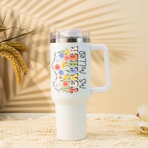 Vaso de acero inoxidable de 40 oz con asa, taza portátil para coche con tapa de pajita, taza de viaje térmica, taza fría para profesores, regalo de vuelta al cole.
