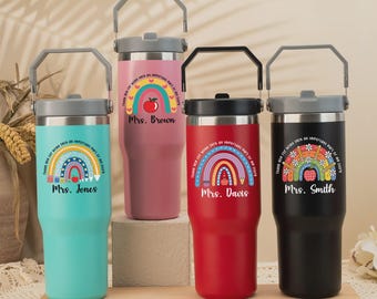 Tazza termica personalizzata con arcobaleno per insegnanti, in acciaio inossidabile da 30 oz (887 ml) per viaggi.