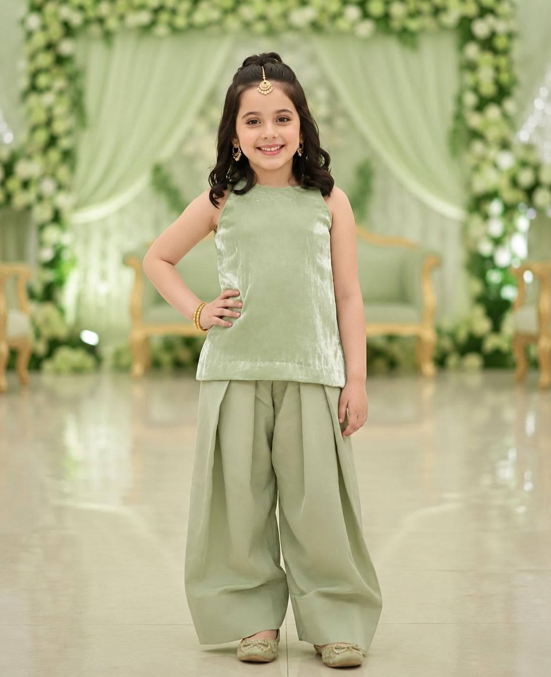 Baby Girl Sheesha Silk Farshi Pajama Set, Traditional Ethnic Festive Outfit