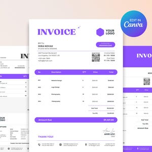 May include: A purple and white invoice template with the text "INVOICE" in bold, black letters. The invoice includes a company logo, invoice number, invoice date, due date, and a table with columns for description, quantity, price, and total. The invoice also includes a section for payment options and a thank you message.