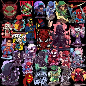 Puede incluir: Un collage colorido de personajes de dibujos animados, incluidos superhéroes, villanos y otras figuras populares. Los personajes están representados en un estilo chibi, con cabezas grandes y cuerpos pequeños. El fondo es negro, y los personajes están dispuestos en un patrón aleatorio.