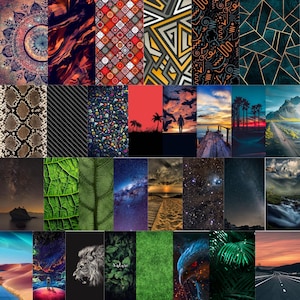 Może przedstawiać: Kolaż różnych wzorów grafiki cyfrowej. Kolekcja obejmuje abstrakcyjne wzory, sceny przyrodnicze i ilustracje zwierząt. Paleta kolorów waha się od żywych odcieni do tonów ziemi, oferując zróżnicowany wybór stylów wizualnych.