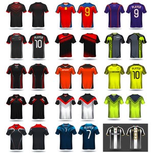 以下が含まれることがあります： 20種類の異なるサッカーユニフォームのデザインのコレクション。ユニフォームは、赤、青、緑、黄、黒、白など、さまざまな色で構成されています。一部のユニフォームには、「Player」、「Sport」、「Soccer」などの番号とテキストが記載されています。