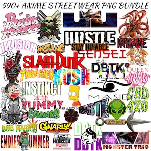 May include: A collage of colorful anime streetwear designs featuring various characters, logos, and phrases. The designs include "Slam Dunk", "Hustle", "Sensei", "DBTK", "Gnarly", "Hunter", "Monster Trio", "Brain Freeze", "Exhale", "Thrasher", "Kush", "Instinct", "YUMMY", "Cannabis", "Bob Marley", "Endless Summer", "Queen", "The Writers", "Magic", "CBD", "420", "Be a Nice Human", "連撃の巨", "本能", "生生".