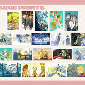 Może przedstawiać: Kolekcja dużych wydruków z ilustracjami w stylu anime. Wydruki przedstawiają różne sceny z postaciami w żywych kolorach, na tle szczegółowych teł. Tekst "LARGE PRINTS" jest wyświetlany u góry.