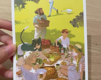 May include: A postcard featuring an anime-style illustration of a picnic scene. Several figures are gathered around a picnic blanket with food. The text "Dungeon Meshi" is visible in the upper right corner.