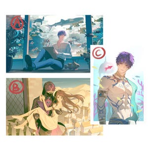 May include: Three digital art illustrations. The first shows a person with purple hair sketching in front of an aquarium. The second depicts a person carrying another person. The third shows a person with purple hair and tattoos.