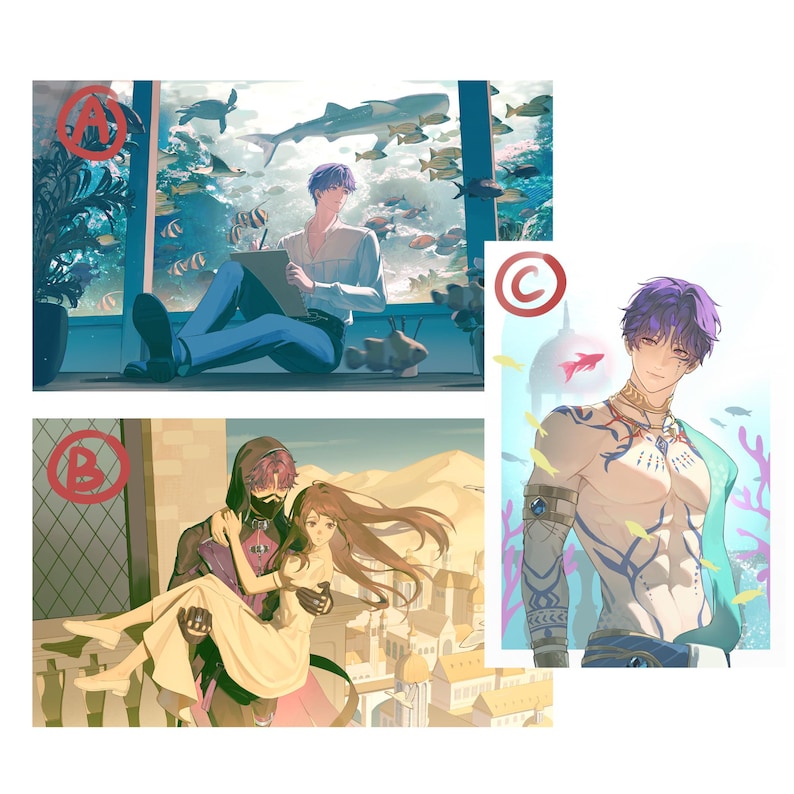 May include: Three digital art illustrations. The first shows a person with purple hair sketching in front of an aquarium. The second depicts a person carrying another person. The third shows a person with purple hair and tattoos.