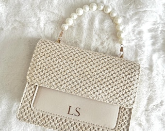 Personalised Initial Woven Handbag: Pearl Handle Crossbody Bag