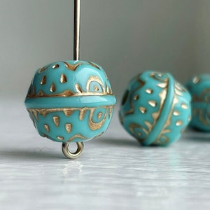 Turquoise Blue Gold Etched Acrylic Barrel Beads 13mm (14)