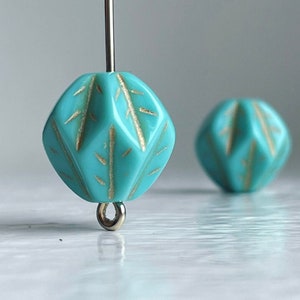 Turquoise and Gold Carved Pinched Round Acrylic Beads 14mm (14)