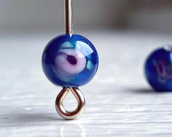 Vintage Blue Pink Flower Glass Round Lampwork Beads Japan Floral 6mm (6)