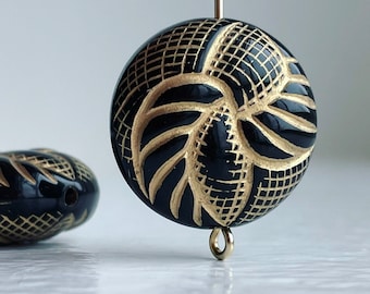 Black Gold Carved Acrylic Coin Pillow Beads Carved 21mm (8)
