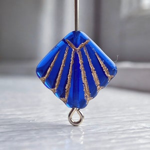 Vintage Czech Glass Flat Diafan Fan Beads Cobalt Blue Gold 17mm 8 Deco Style image 1