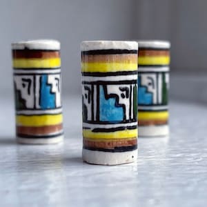 Hand Painted Peruvian Ceramic Porcelain Oval Tube Beads White Yellow Brown Blue Beads 18x8mm (6)