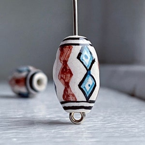 Hand Painted Peruvian Ceramic Porcelain Oval Beads Brown Blue 16x10mm (6)