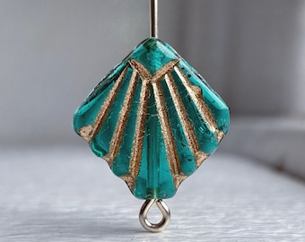 Vintage Czech Glass Flat Diafan Fan Beads Green Gold 17mm (8) Deco Style