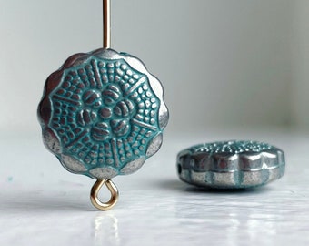 Silver Blue Patina Verdigris Carved Acrylic Floral Coin Pillow Beads 15mm (12)