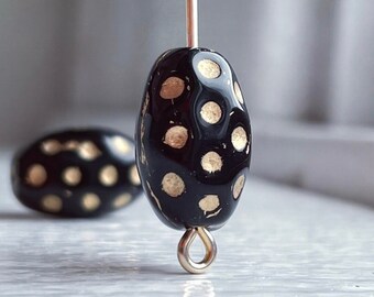Vintage Black and Gold Czech Glass Polka Dot Oval Beads 15x9mm (10)